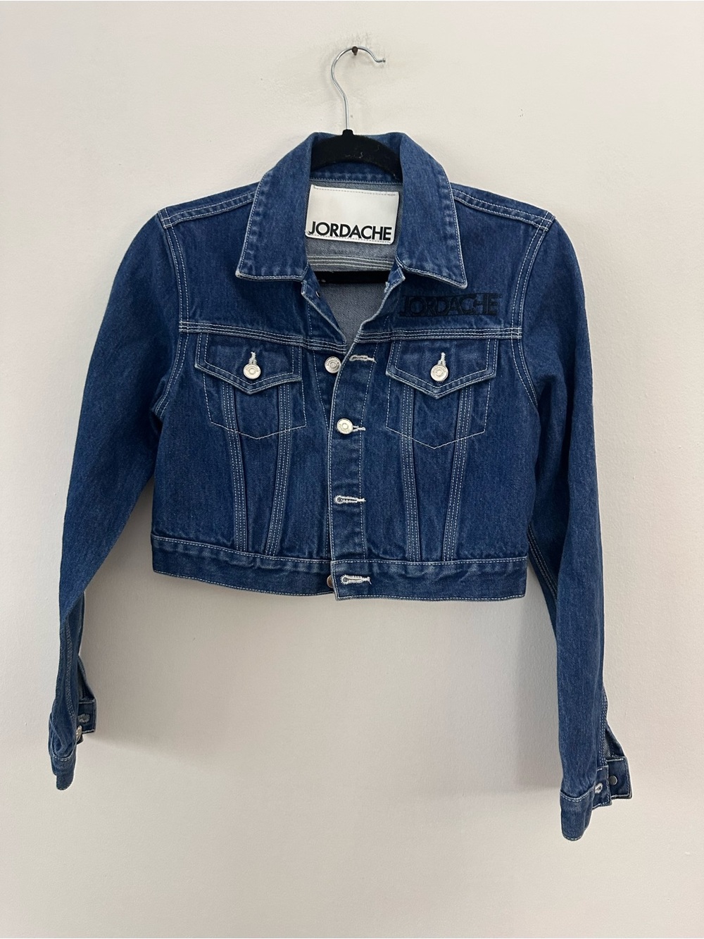 Jordache VintageCrop Denim Jean Jacket Horse Head Graphic Dark Wash Size small